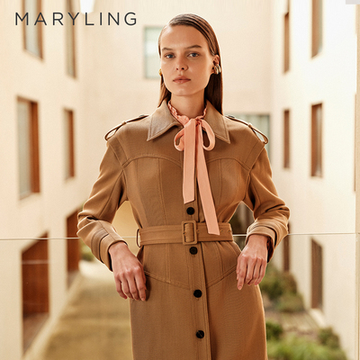 MARYLING玛俪琳2025秋季新品翻领系带长款风衣式大衣A1FGW93010