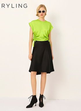 MARYLING玛俪琳2025初夏新品荧光绿色圆领抽褶T恤上衣A1FCW26350