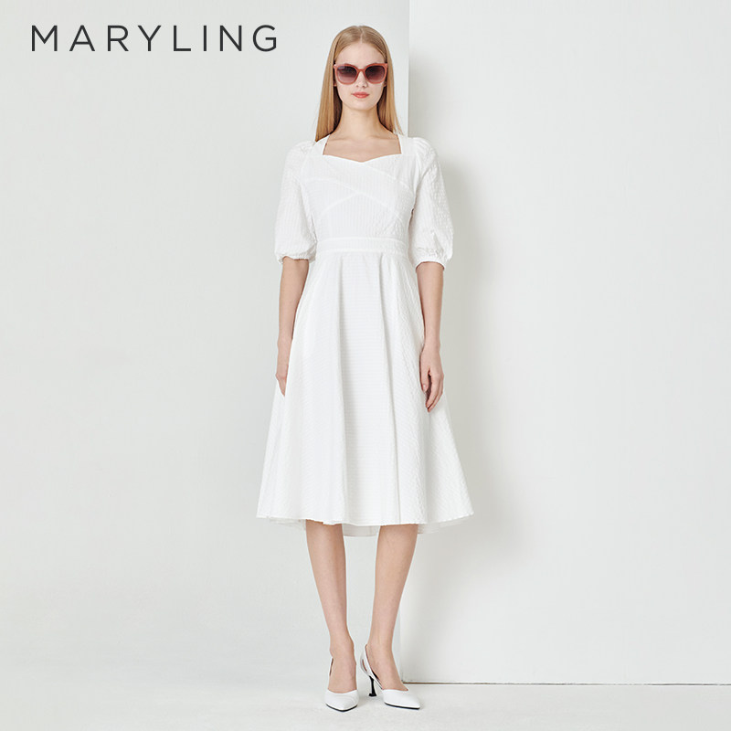MARYLING玛俪琳初夏新品白色V领交叉大裙摆连衣裙A1DCW61380