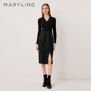 MARYLING玛俪琳2025冬季新品简约通勤风翻V领连衣裙A1FHW61260