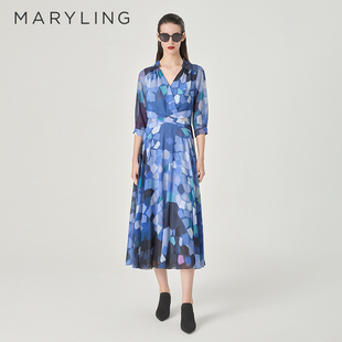 新品 MARYLING玛俪琳24夏季 V领印花连衣裙A1ECW63550 梦幻光影