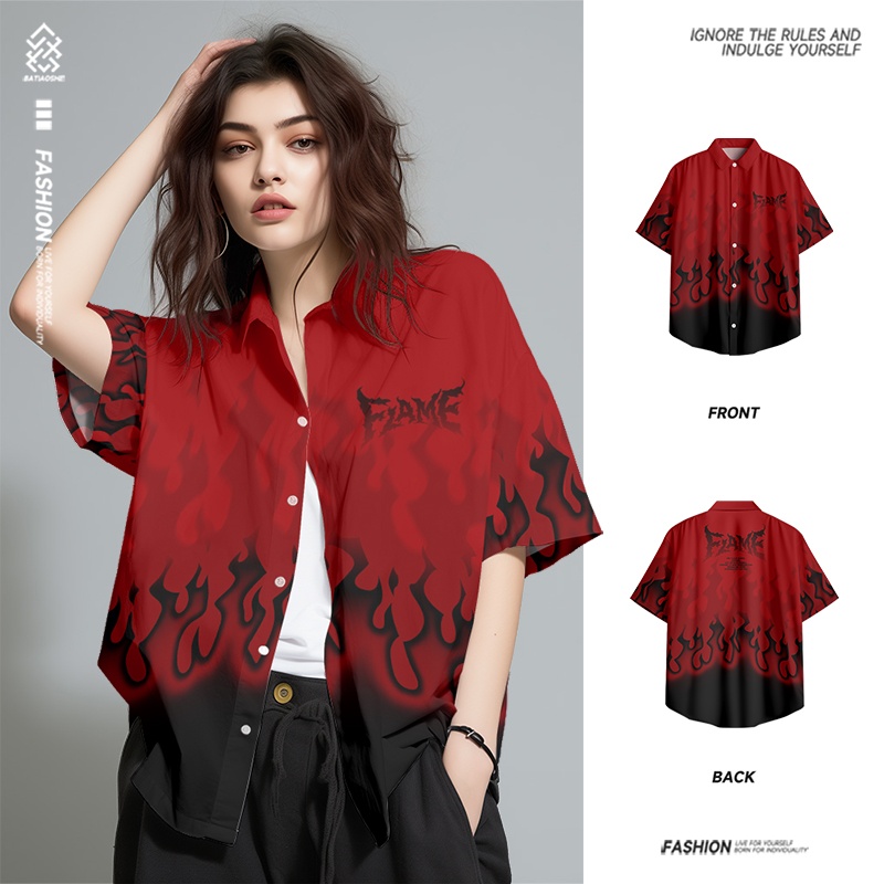 美式火焰衬衫短袖复古印花宽松