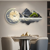 现代轻奢餐厅装 山水发光壁画 饰画九鱼带钟表高级感客厅挂画新中式