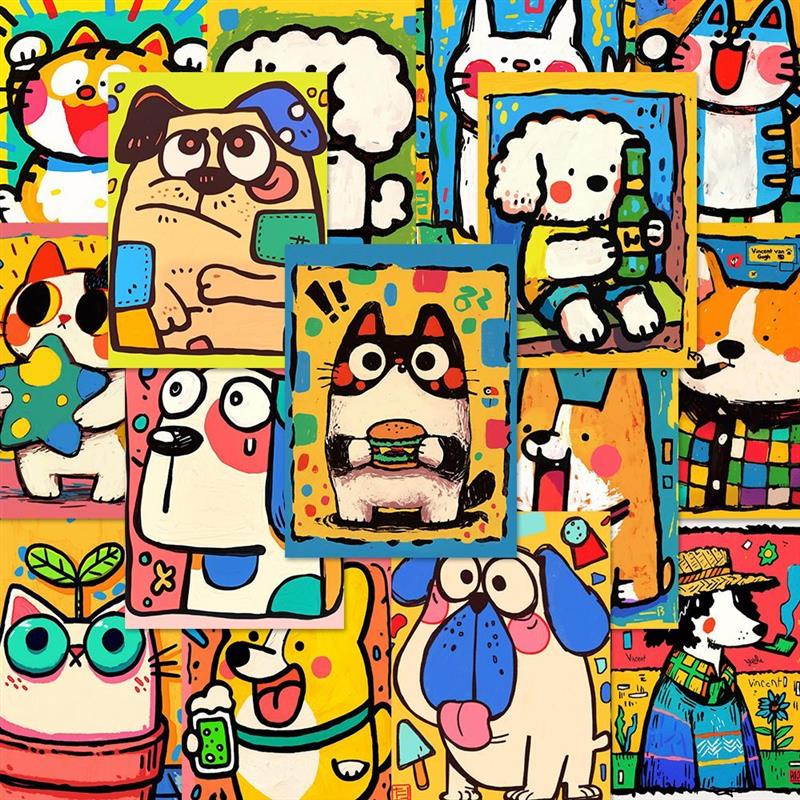 160张ins风彩绘猫猫狗狗贴纸高颜值卡通简笔画可爱装饰手机壳贴画