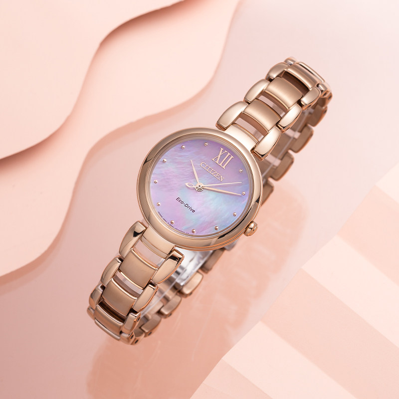 田馥甄同款西铁城手表女光动能贝母表盘玫瑰金简约时尚EM0533-82Y