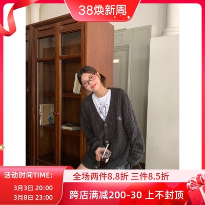 WYOUS 国潮牌V领开衫毛衣女外套春秋新款刺绣慵懒风宽松针织上衣