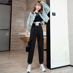 Real photo of women's new style overalls loose legged black high waist slim quick dry straight pants casual pants