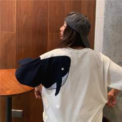 實拍原宿風短袖女超火拼接圓領恤女卡通鯨魚刺繡寬鬆上衣