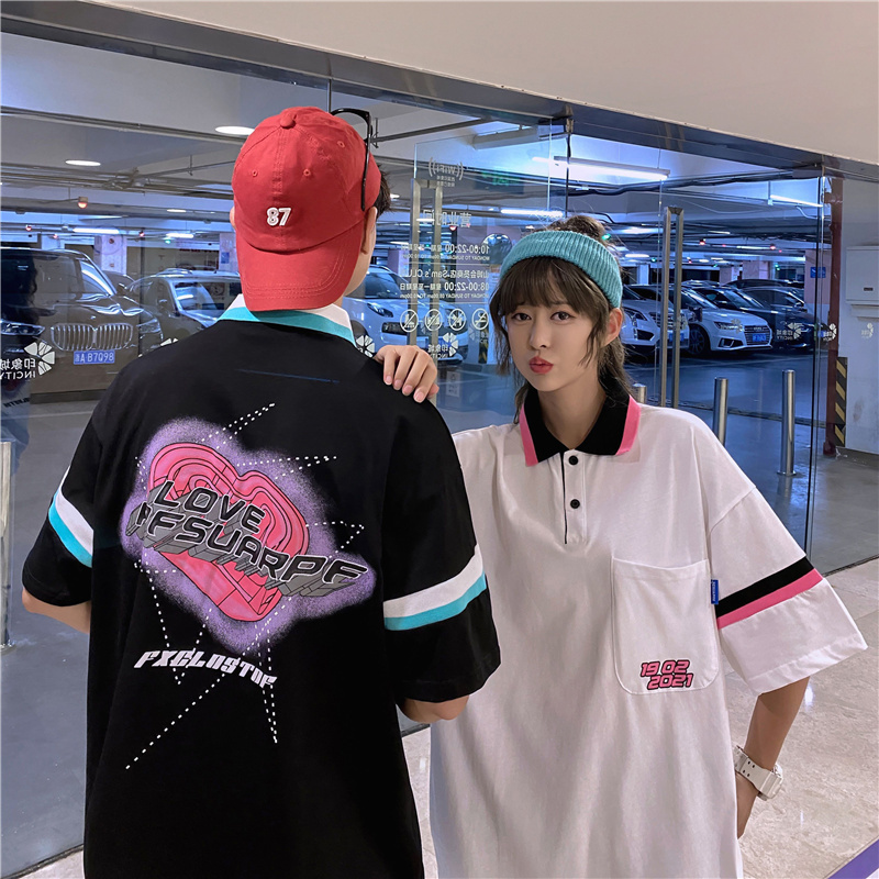 Real shooting summer Korean fashion student color contrast Lapel couple's love printing short sleeve shirt