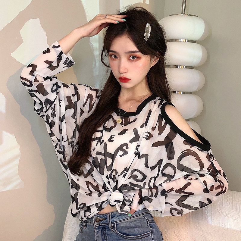 Real shot 2021 summer Korean fashion mid long off shoulder sunscreen T-shirt