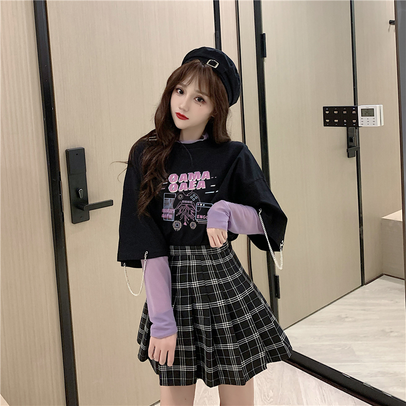 實拍原宿風短袖女韓版時尚寬鬆印花中長款恤女學生百搭上衣