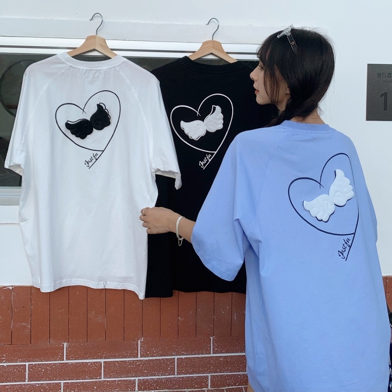 Real shot Harajuku style short sleeve women's summer Korean fashion medium length printed embroidery student versatile top