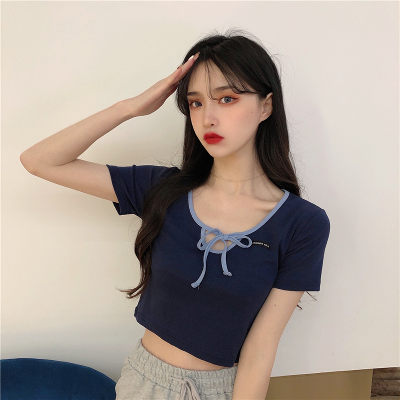 Real shot design inspiration lace up slim fit short sleeve t-shirt female summer collar Korean fashion top fashion