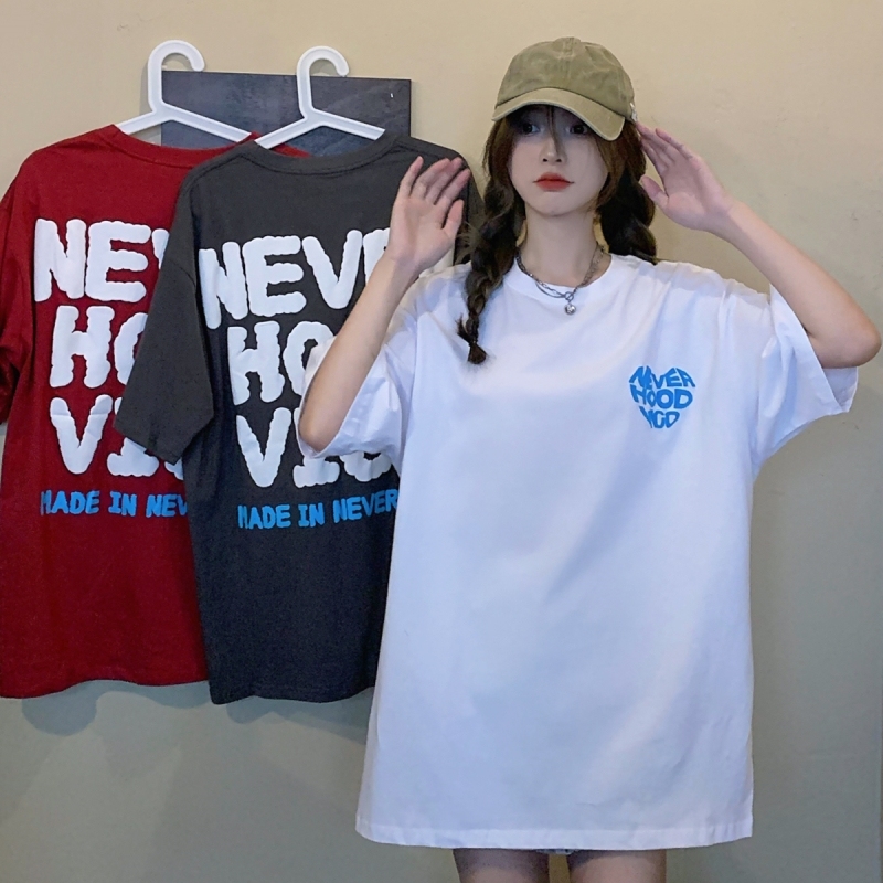 Real shot of Harajuku style short sleeve women's summer Korean fashion medium length foam printed student versatile top