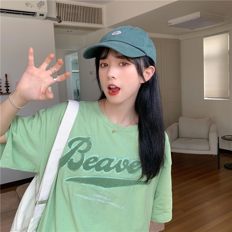 實拍原宿風短袖女夏新款韓版時尚寬鬆恤學生百搭中長款上衣