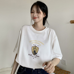 實拍原宿風短袖恤女夏季韓版時尚寬鬆恤學生百搭圓領上衣潮