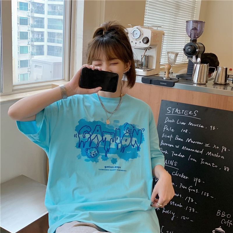 實拍原宿風短袖女韓版時尚塗鴉字母小熊印花中長款上衣潮