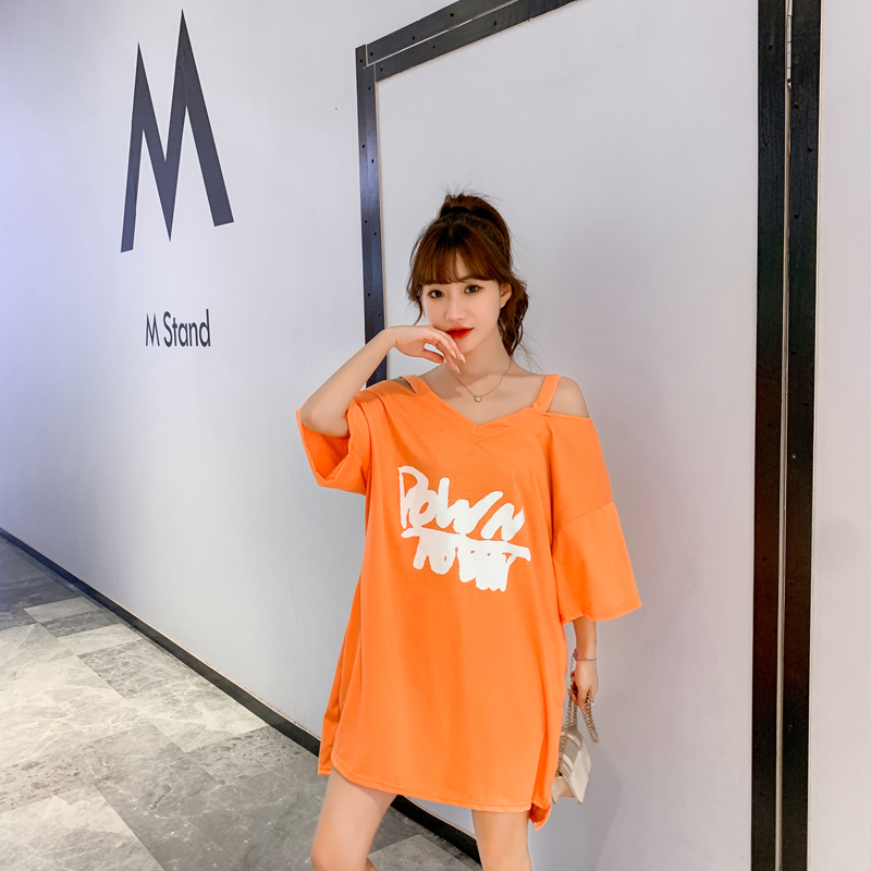 Real shot Harajuku style short sleeve Korean women's loose off shoulder sling letter print collar shirt dress