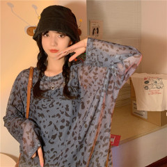 實拍2021夏季韓版豹紋薄款防曬衣寬鬆大版罩衫網紅長袖T恤上衣女