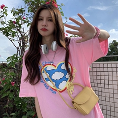 Real shot of Harajuku style short sleeve women's summer Korean fashion medium length foam printed student versatile top