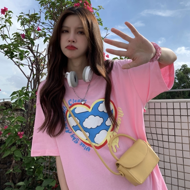 Real shot of Harajuku style short sleeve women's summer Korean fashion medium length foam printed student versatile top