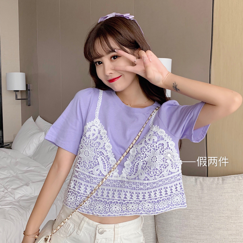 Real shot of Harajuku style short sleeve T-shirt for women in summer