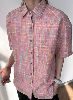 粉红色泡泡纱短袖衬衫男夏季美式多巴胺休闲格子衬衣外搭开衫外套