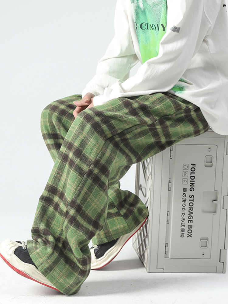牛油果绿苏格兰格子裤男小众设计vintage美式裤子毛呢直筒休闲裤