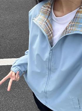 蓝色格子内衬夹克男生春秋张色拼接设计感外套潮牌立领情侣棒球服