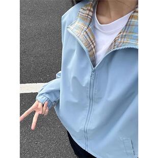 蓝色格子内衬夹克男生春秋张色拼接设计感外套潮牌立领情侣棒球服
