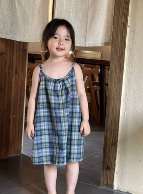 儿童格子背心裙女宝宝吊带连衣裙