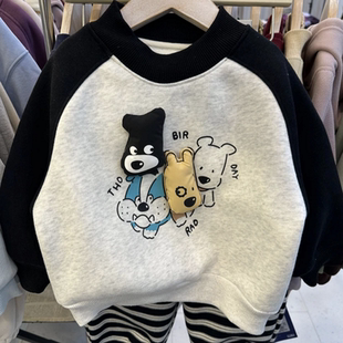 韩国宝宝童装男女童韩系洋气拼色加绒卫衣中小童卡通公仔保暖上衣