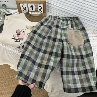 儿童格子长裤男女童加绒阔腿裤子