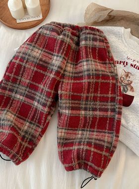 儿童加绒保暖长裤冬装新款男女童红色格子毛呢裤子新年休闲阔腿裤