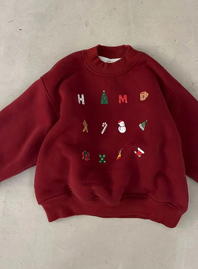 2026新款圣诞童装0-6岁男女童洋气百搭圆领卫衣红色喜庆新年上衣