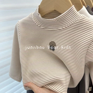 冬装中小童卡通印花加厚保暖打底衫男女童半高领加绒条纹内搭T恤