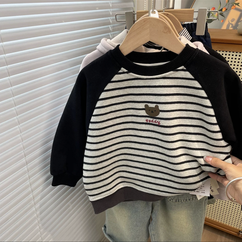 冬季儿童新款条纹拼接圆领卫衣男女童韩系洋气百搭加绒保暖套头衫