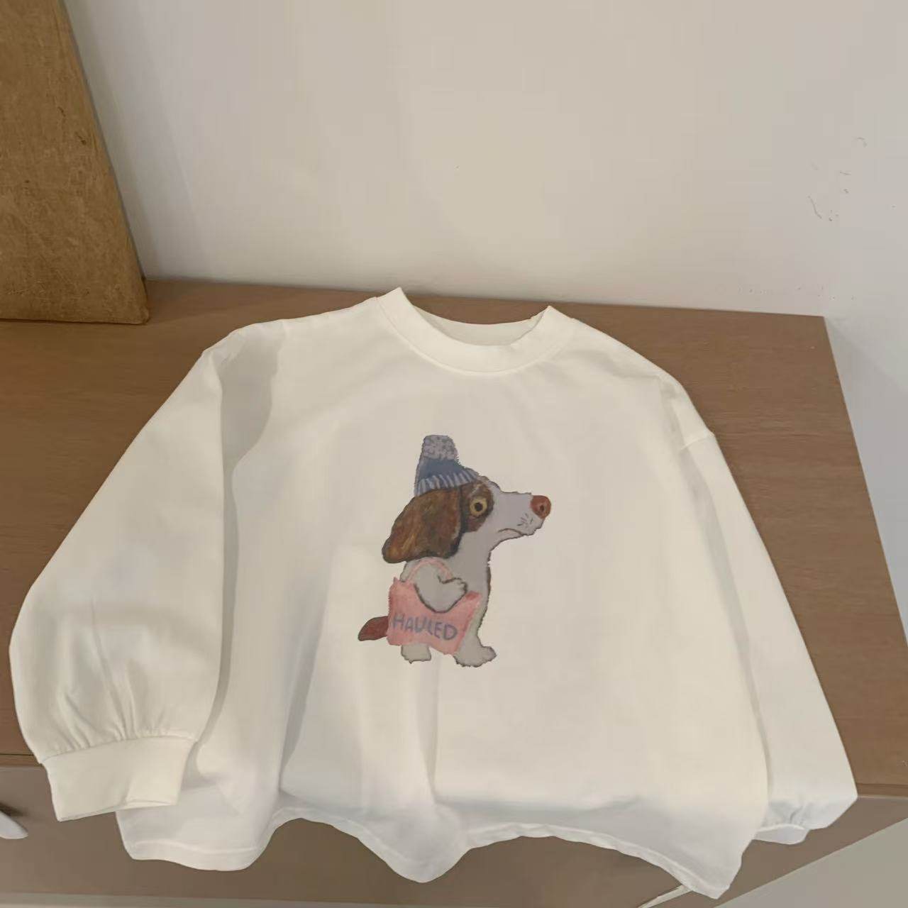 中小童宝宝趣味卡通狗狗印花长袖t恤春秋装男女童纯棉宽松打底衫