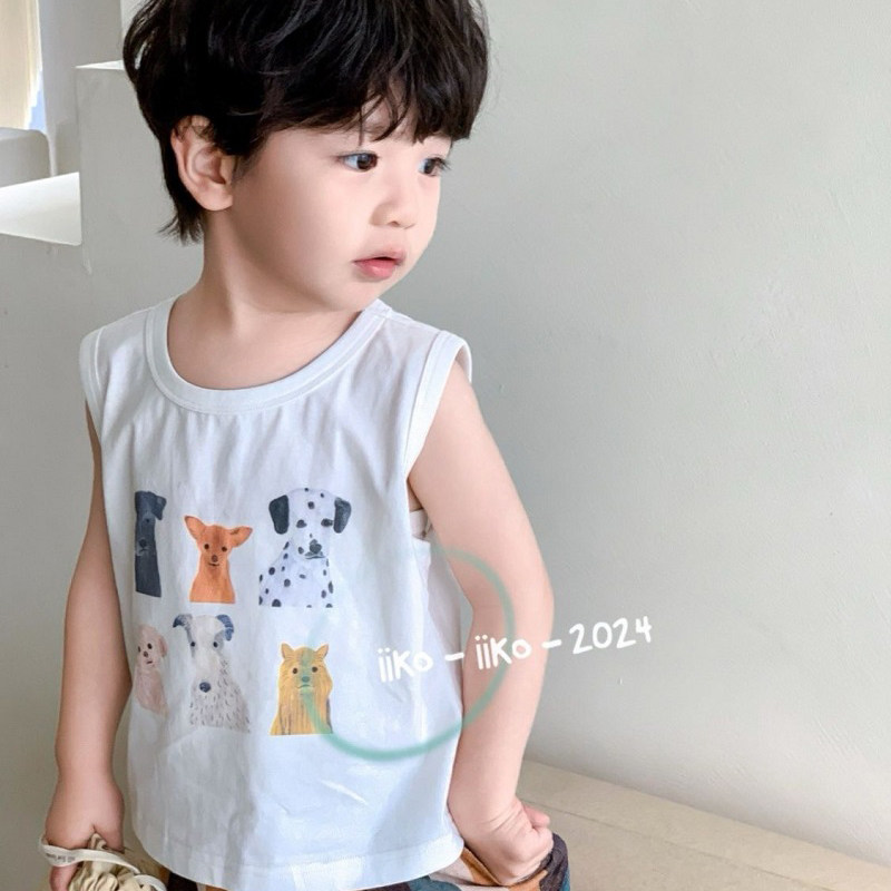 夏季新款男童卡通狗狗印花圆领无袖T恤宝宝纯棉可爱背心宽松上衣