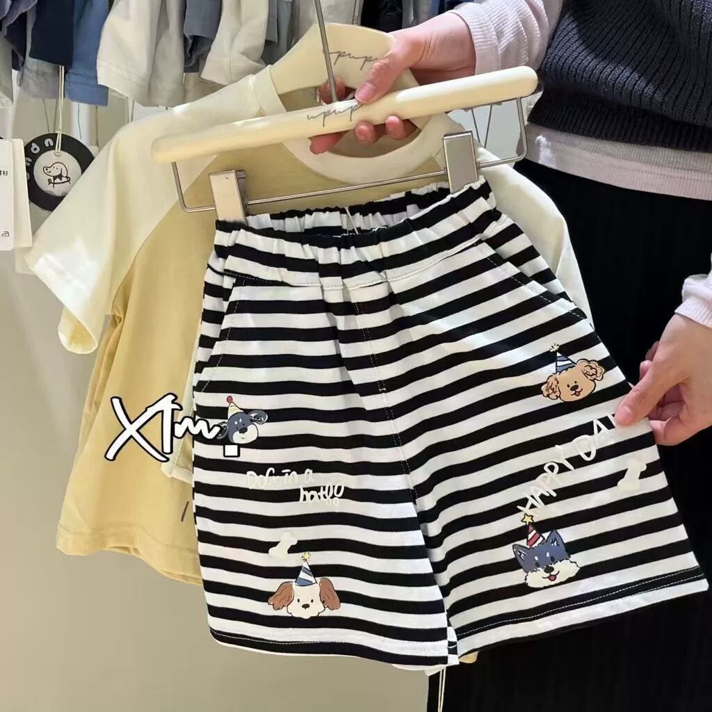 夏季新款~中小童可爱狗狗条纹短裤男女童韩版宽松运动裤五分裤子