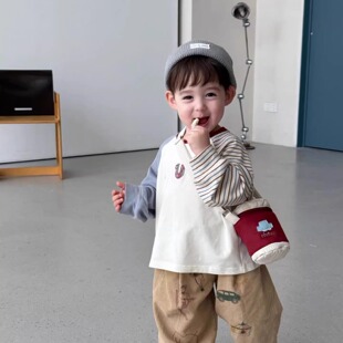 韩国宝宝童装春秋季韩系洋气时髦百搭长袖t恤男童纯棉打底衫上衣