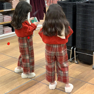 2026过年男童女童红色格子长裤冬季加绒保暖毛呢休闲裤直筒阔腿裤