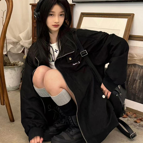 立领外套女款春秋季麂皮绒夹克