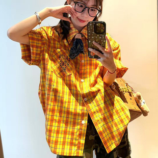 多巴胺黄色格子短袖衬衫女夏季美式潮牌休闲宽松情侣外搭薄款衬衣
