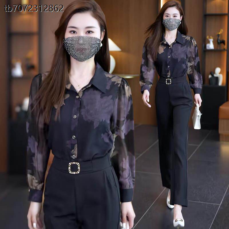 小个子时尚雪纺衬衫女士印花小衫2025早秋装新款长袖衬衣洋气上衣