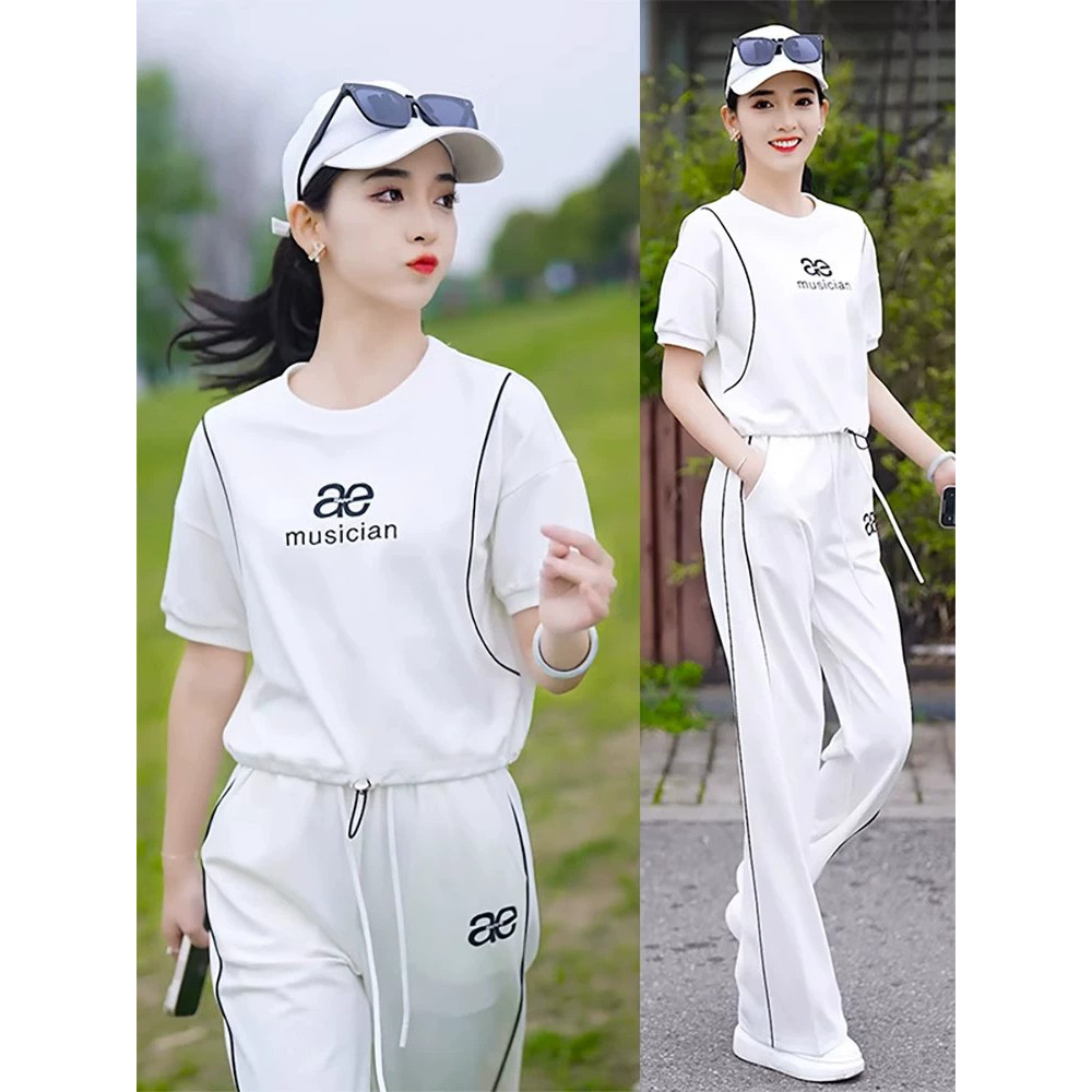 特尔美个性时髦休闲运动服套装女短袖阔腿长裤夏季新款跑步两件套