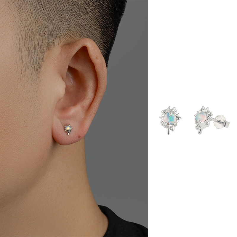 立体怪物 小众通体925银不规则耳饰男女异形爪牙月光石闪炫彩耳钉