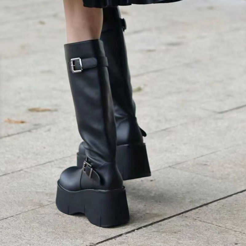 小个子胖mm显瘦骑士靴女2025新款秋季复古法式黑色厚底长筒靴