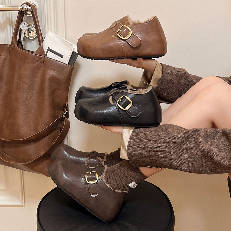 皮面毛毛棉鞋女鞋2025新款冬季小皮鞋女厚底内加绒加厚勃肯鞋