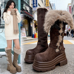 厚底两穿毛毛雪地靴女2025冬季 显瘦东北靴子高筒加绒不过膝长筒靴